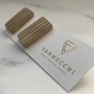 Vannucchi Jewellery Jessica plywood rectangular studs, displayed with packaging