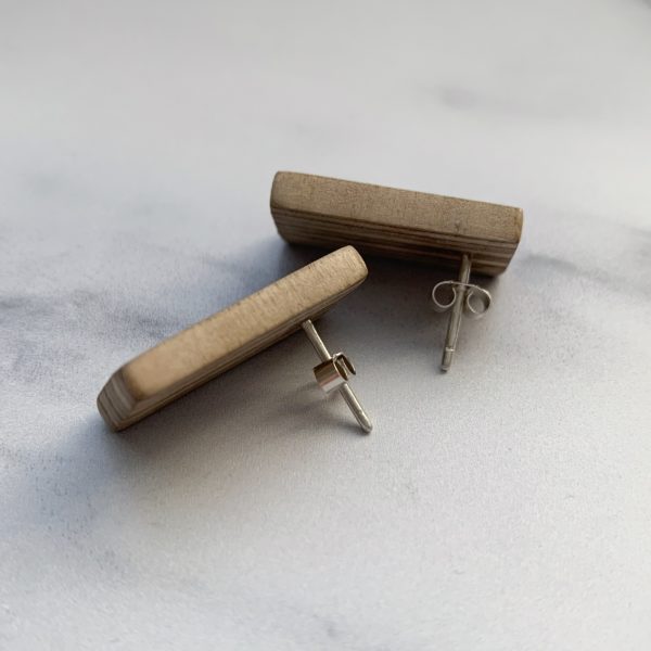 Vannucchi Jewellery Jessica plywood rectangular studs, facing away, showing sterling silver stud posts