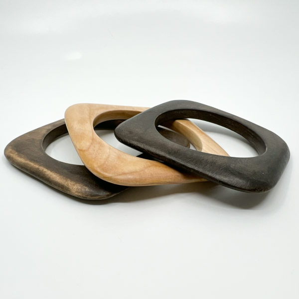 Cheri square bangle set. Organic shaped, two dark brown and one light pale wood