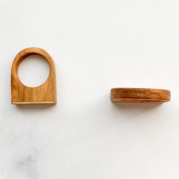 Cally olive wood and brass, square topped ring, shot at different angle on plain background