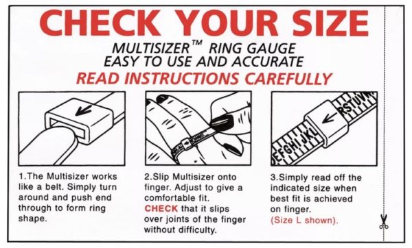Instructions as images and text showing how to use UK ring sizing gauge