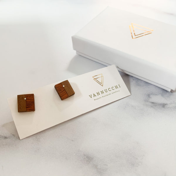 Vannucchi Jewellery, Louise mixed wood square studs displayed with branded box