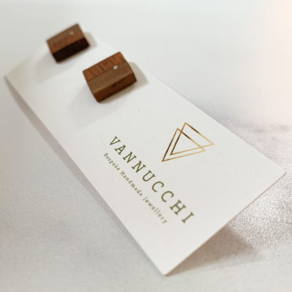 Vannucchi Jewellery, Louise mixed wood square studs displayed at angle with packaging