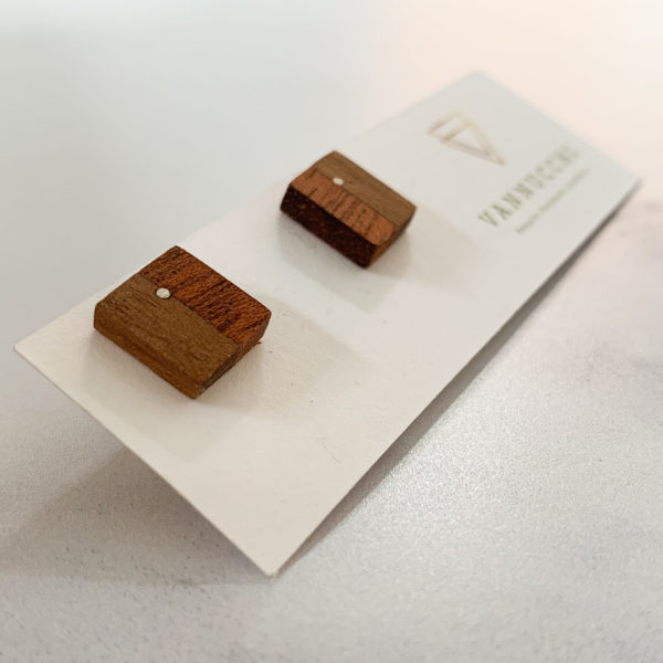 Vannucchi Jewellery, Louise mixed wood square studs displayed at angle with packaging