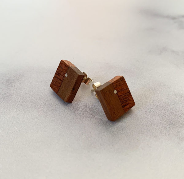 Vannucchi Jewellery, Louise mixed wood square studs displayed at angle