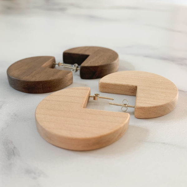 Display of maple and walnut wood, sector shaped Vannucchi Jewellery Ellie earrings