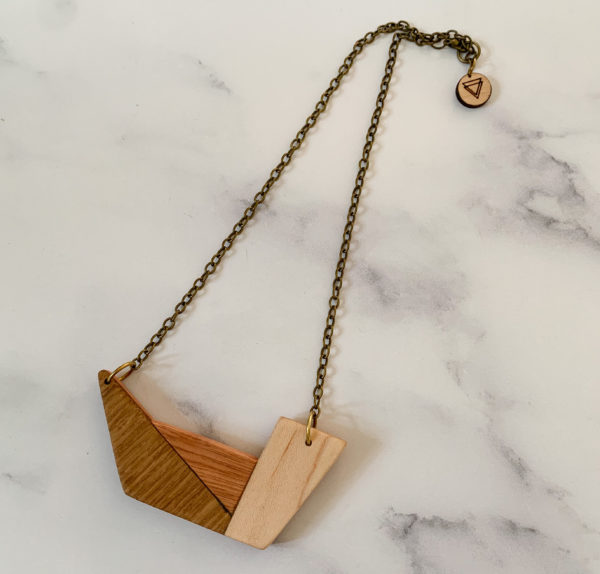 Full length of Grandis geometric wood necklace, created by Vannucchi Jewellery