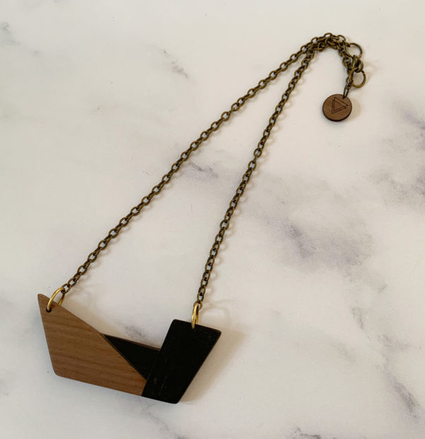 Full length of Chiaro geometric wood necklace, created by Vannucchi Jewellery