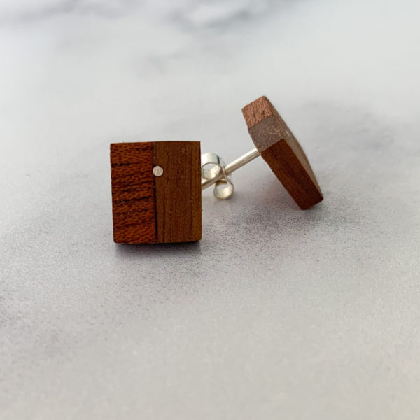 Vannucchi Jewellery, Louise mixed wood square studs displayed at angle to show sterling silver stud back