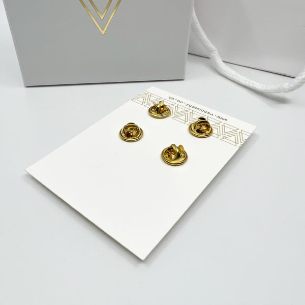 Back of pins displayed on Vannucchi branded card. Gold coloured steel clasp back pins.