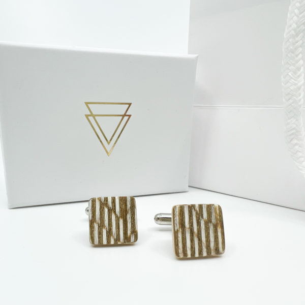 Square wooden cufflink. Brown and white stripe veneer.