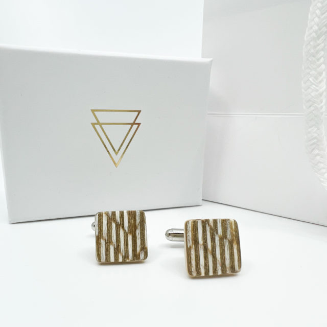 Square wooden cufflink. Brown and white stripe veneer.