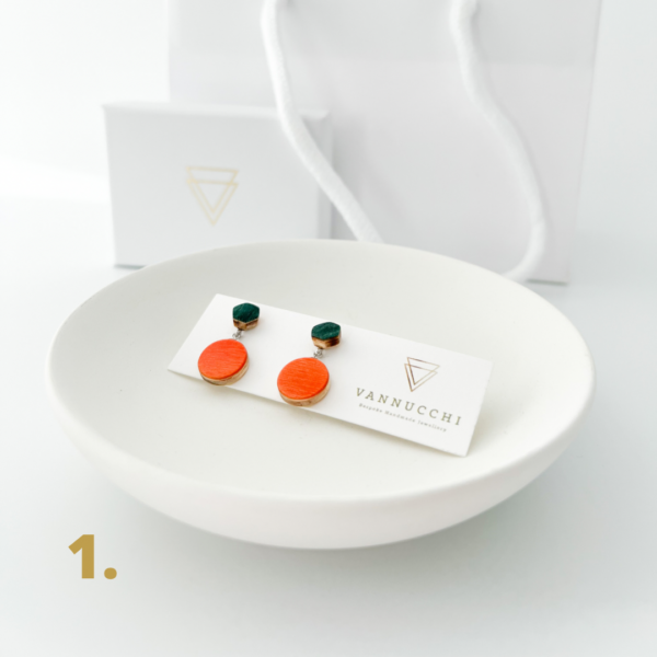 Option 1. Collezione XXIII Multi Coloured Dreams Dangle Stud Earrings. Small dark green hexagon stud with large orange circle charm.