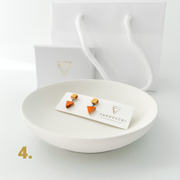 Option 4. Collezione XXIII Multi Coloured Dreams Dangle Stud Earrings. Small yellow square stud with orange triangle charm.