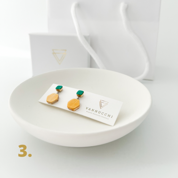 Option 3. Collezione XXIII Multi Coloured Dreams Dangle Stud Earrings. Small vibrant green square stud with large yellow hexagon charm.