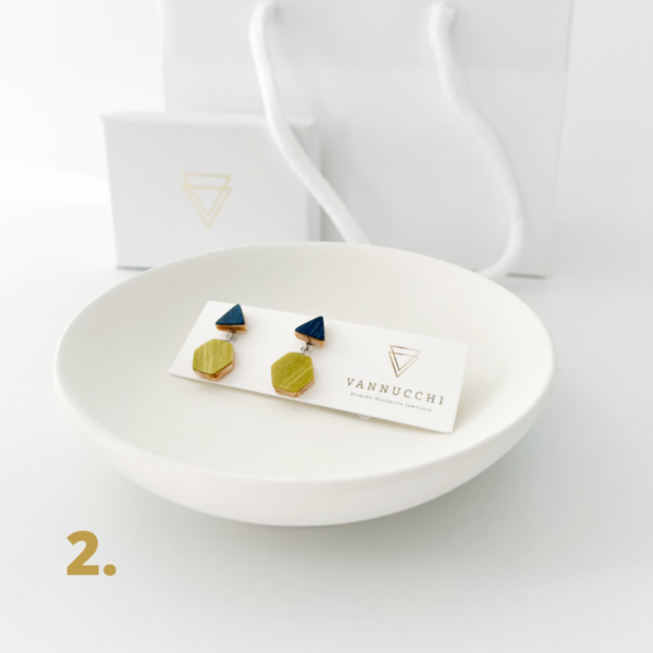Option 2. Collezione XXIII Multi Coloured Dreams Dangle Stud Earrings. Dark blue triangle stud with large lime hexagon charm.
